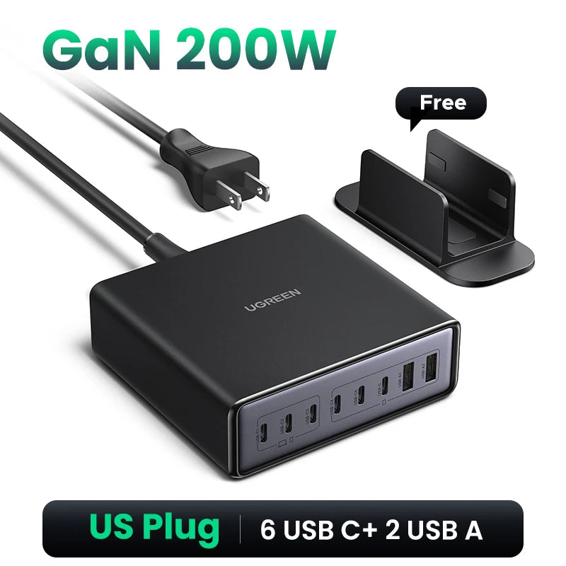 UGREEN 200W GaN Charger 8 in 1 Desktop Laptop Fast Charging Stand For iPhone 17 16 15 Pro Max Macbook Air Xiaomi Samsung Tablets