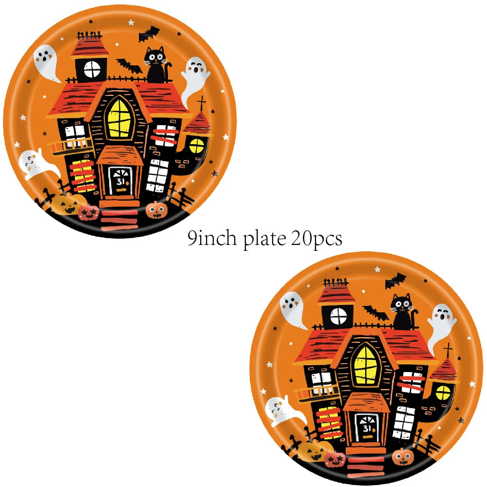 Halloween Disposable Party Tableware Set Pumpkin Witch Paper Plate Cup Napkins Tablecloth Kids Favor Happy Halloween Party Decor