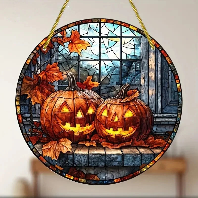 2D Halloween pumpkin circular acrylic sign, suitable for windows, porches, classrooms, courtyards, Halloween decorations, gifts
