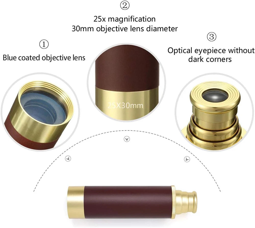 Pirate Monocular Telescope 25x30 High Powered Zoomable Collapsible Monocular Brass Spyglass Handheld for Hunting Hiking Travel