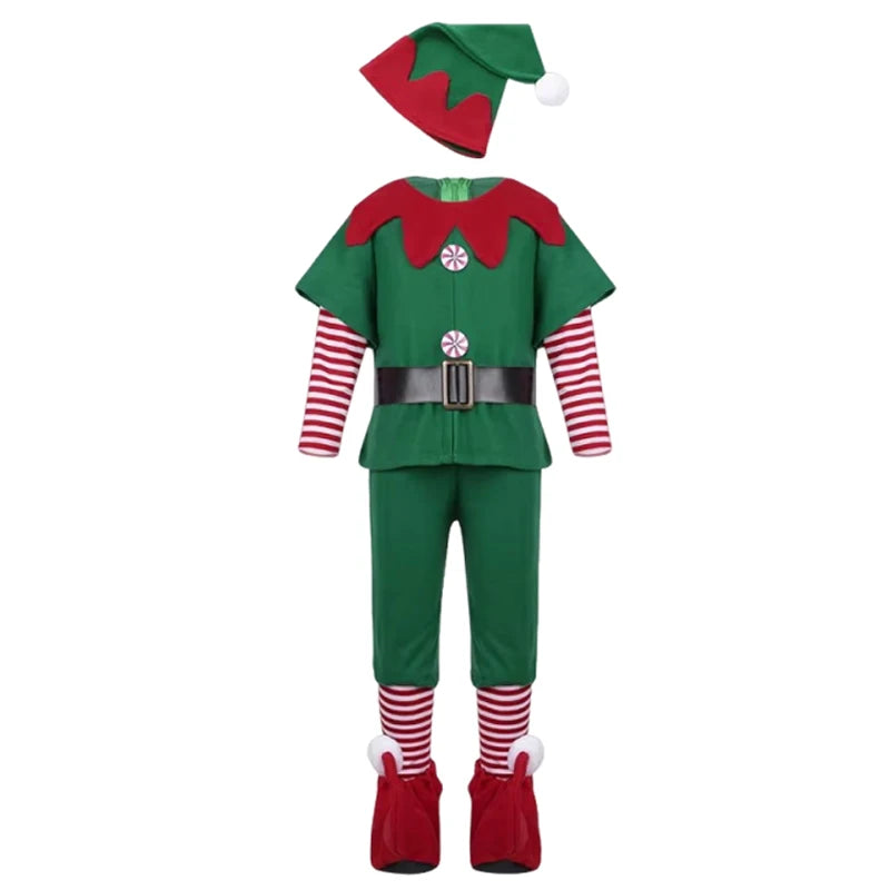 New Year Elf Costume For Kids Girl Boy Green Santa Claus Suit Set With Hat Children Fancy Christmas Party Dress Set Performance