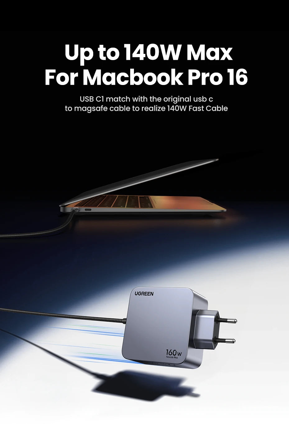 【Korean Plug】UGREEN 160W GaN Charger PD3.1 QC4.0 Quick Charge For Macbook Pro Laptop iPhone 16 15 Pro Max  Xiaomi Tablet iPad