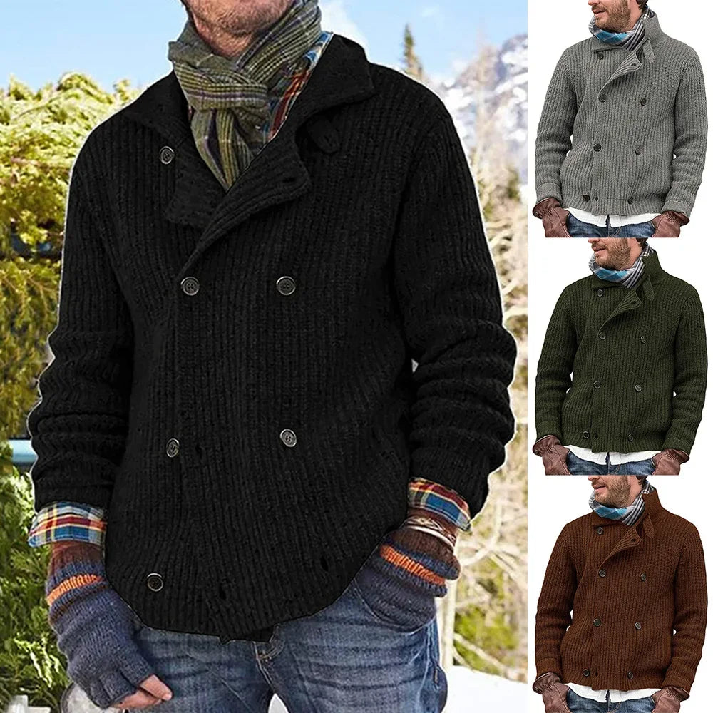 Men Sweater Coat Spring Solid Color Cardigan Straight Knit Coat Male Casual Long Sleeve Double Breasted Turn-down Collar Sweater
