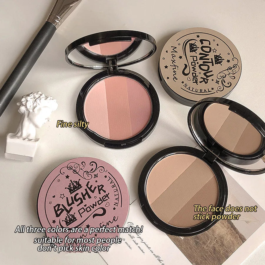 3in1 Three Colors Powder Tray Blush Contouring Waterproof Long Lasting Delicate Natural Face Makeup