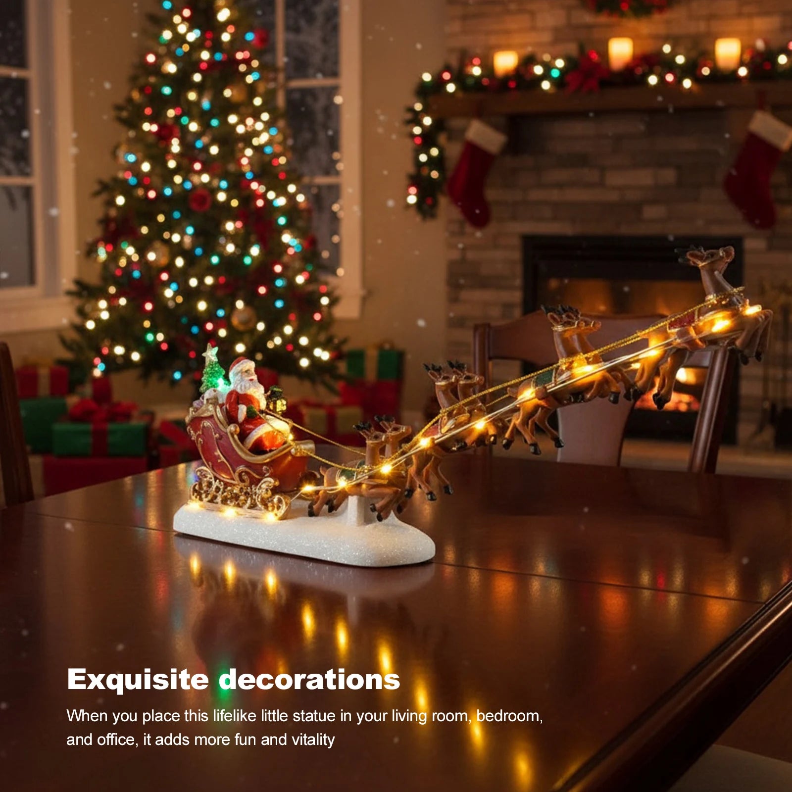 Christmas Santa Claus Sleigh and Reindeer Figurine with LED Lights Holiday Ornament Xmas Home Tabletop Decoration Gift