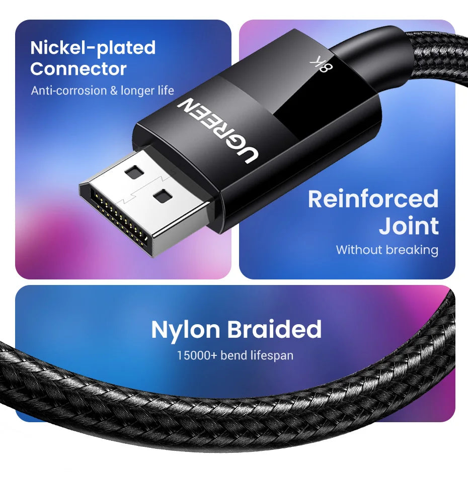 UGREEN DisplayPort Cable 8K DP 1.4 Adapter 2K165Hz 32.4Gbps Cable for PUBG Gaming Play for PC Computer Monitor Projector