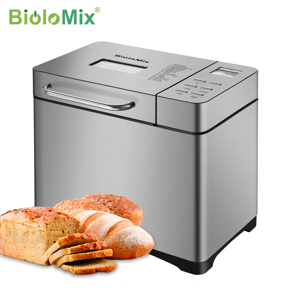 Biolomix 1KG 19-in-1 Stainless Steel Automatic Bread Maker 650W Programmable with Fruit Nut Dispenser Kitchen Appliance