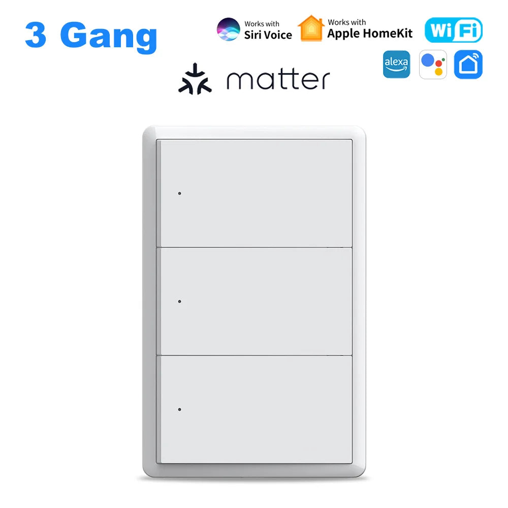 Manhot Matter WiFi Smart Wall Light Switch 1 2 3 4 Gangs with Neutral Wire Push  Physical Light Switches work with Homekit App