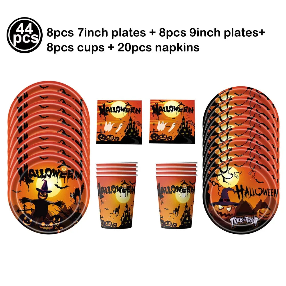 Halloween Disposable Tableware Orange Black Pumpkin Themed Paper Plate Cup Napkin Spooky Themed Decors Halloween Party Supplies