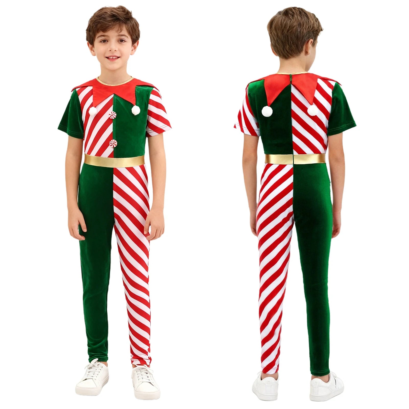 Unisex Boys Girls Santa's Elf Christmas Dance Costume Short Sleeve Candy Striped Athletic Unitard School Festival Stage Suits