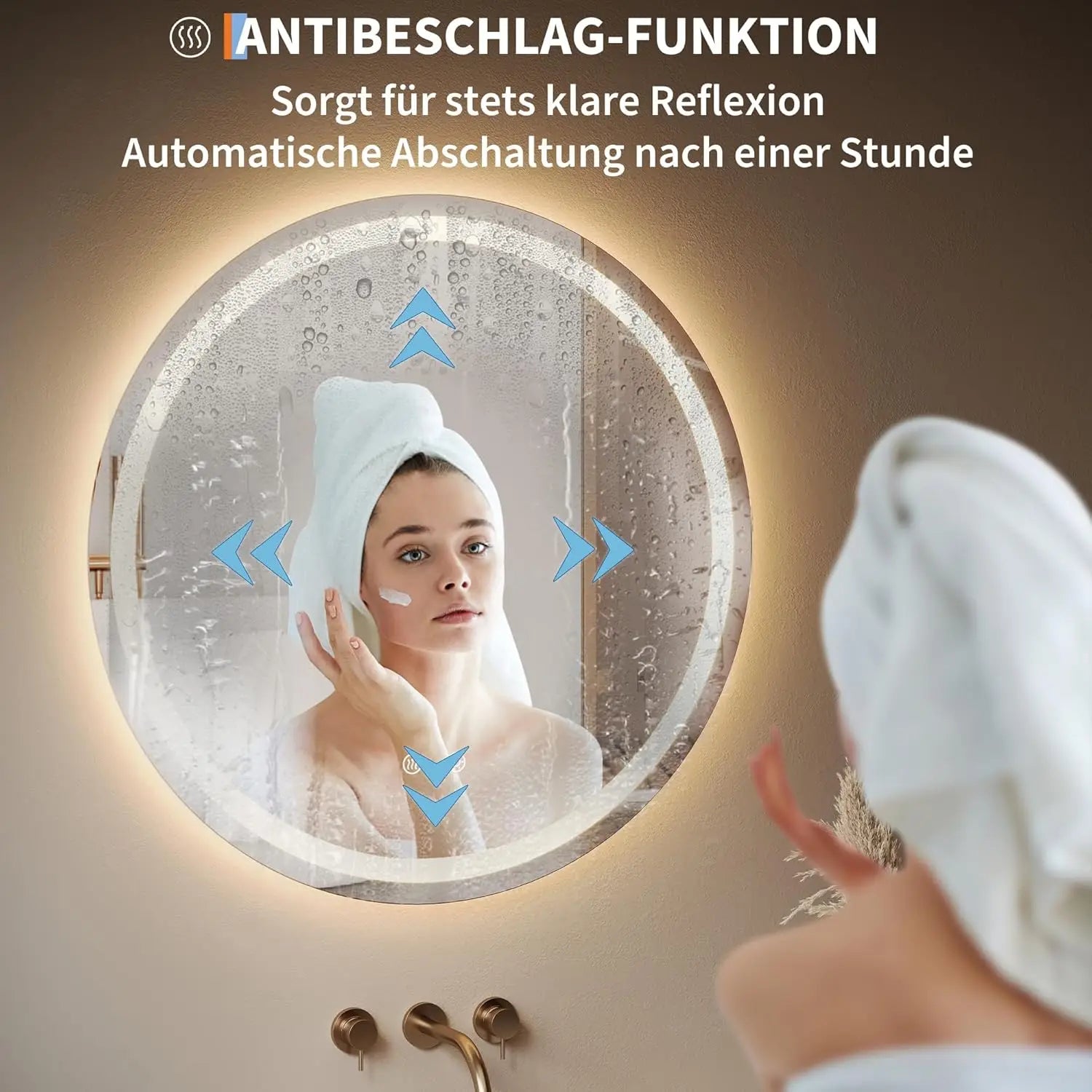 50/60cm Round LED Backlit Mirror Bathroom Vanity with Lights Anti-Fog Dimmable Smart Wall Mirror with Time and Touch Switch