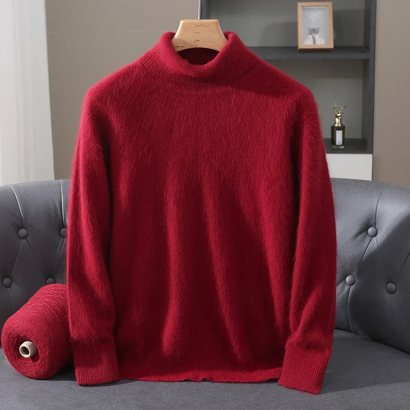 Autumn Winter Men's High Neck Pullover Knitted Sweater 100% Mink Cashmere Long Sleeved Loose Business Casual Warm Top New Styles