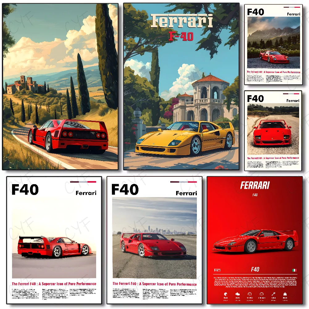 Luxury Classic Retro Red Super Sports Car F40 Art High-quality Printed Posters Homeliving room Wall Art Garage Room Decor