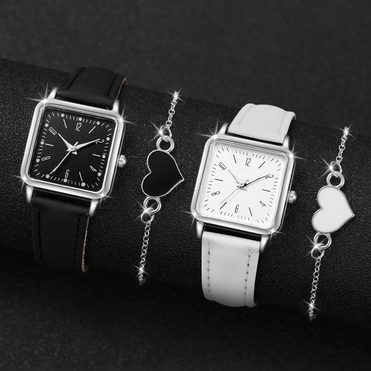 2/4PCS Fashion Square Women's Watch Leather Band Quartz Watches Heart Bracelet Set（Without Box）