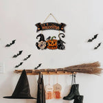 Halloween Welcome Sign Decor with Gnome, Pumpkin, Black Cat and Bats - Festive Door Hanger