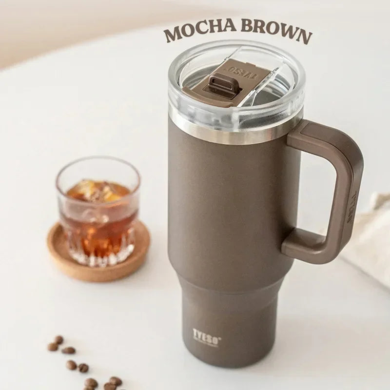 Tyeso 900/1200ML Tumbler Bottle Stainless Steel Car Mug With Handle Straw Thermal Iced Travel Vacuum Insulated Coffee Hot Cup