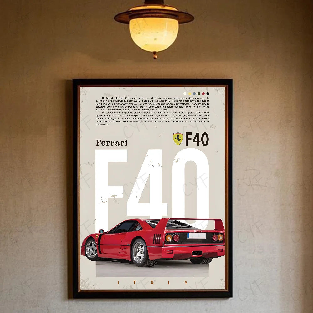 Luxury Classic Retro Red Super Sports Car F40 Art High-quality Printed Posters Homeliving room Wall Art Garage Room Decor