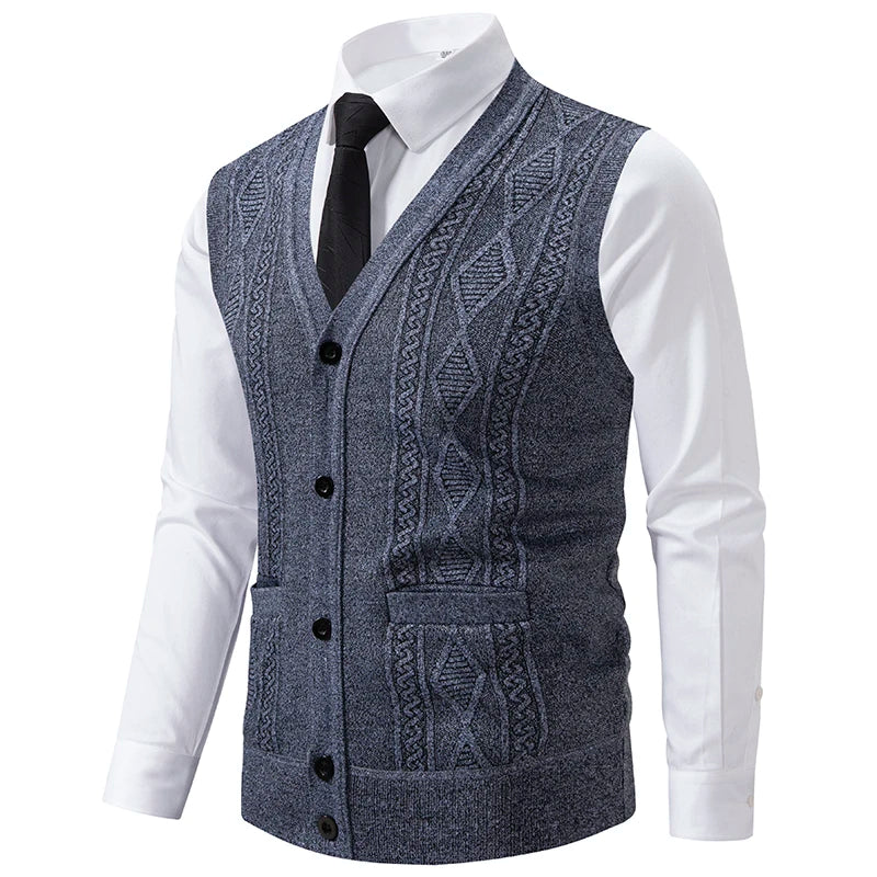 Autumn Winter Warm Slim Fit Knit Vests Men V-Neck Solid Color Smart Casual Knitted Waistcoat Mens Geometric Sleeveless Knit Vest