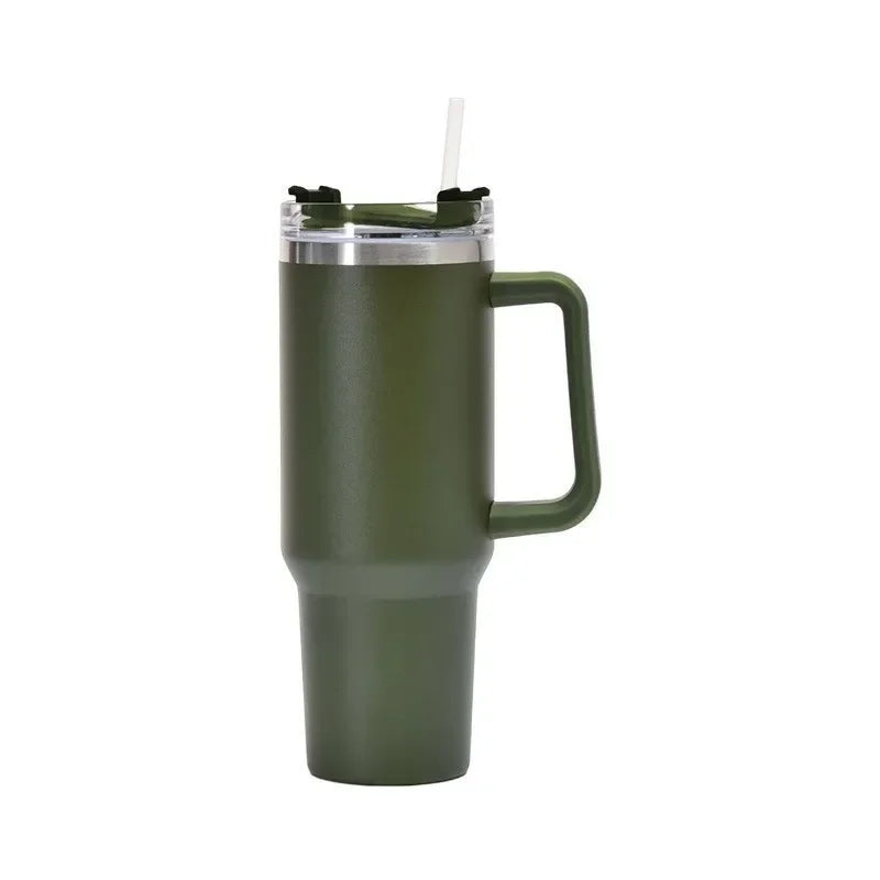 40oz Stainless Steel Car Cup Large Capacity Water Cup with Handle and Straw Double-walled Insulated Travel Mug Holiday Gifts