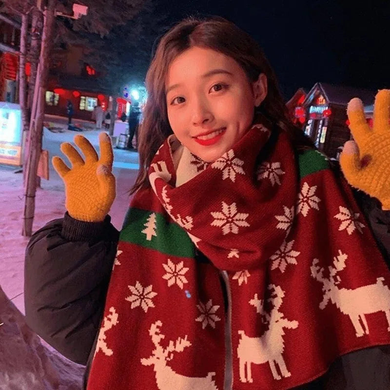 Christmas Scarf Unisex Winter Knitted Scarf Reindeer Christmas Theme Scarves Warm Scarf for Men and Women Christmas Deer Scarf