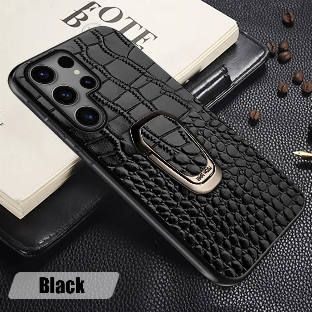 Genuine Cowhide Leather Bracket Phone Case For Samsung Galaxy S24 S23 Ultra S23 Plus S24Ultra S22Ultra Back Cover with Ring