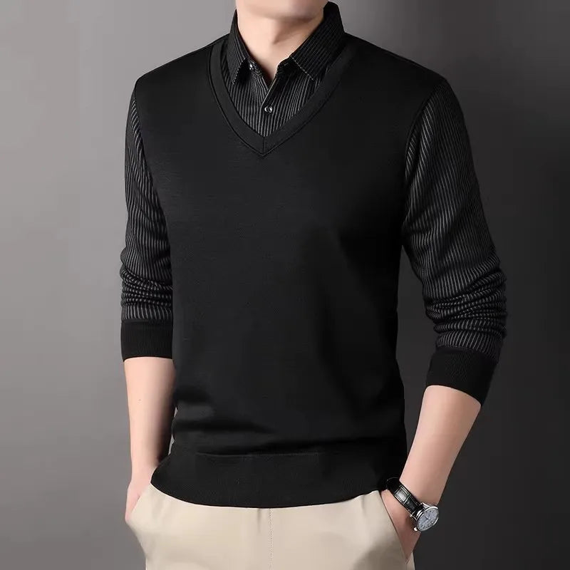 Winter Fleece Knit Pullovers Men Smart Casual Knitted Sweaters Mens Shirt Collar Fake Two Knitwear Fashion Slim Fit Man Sweater