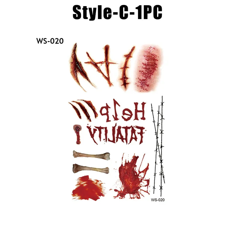 Horror Realistic Fake Bloody Wound Stitch Scar Scab Waterproof Temporary Tattoo Sticker Halloween Masquerade Prank Makeup Props