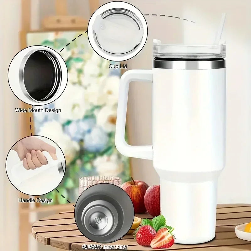 40oz Stainless Steel Car Cup Large Capacity Water Cup with Handle and Straw Double-walled Insulated Travel Mug Holiday Gifts