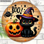 2D Halloween Circular Wooden Sign - Wizard Hat Black Cat and Pumpkin Lantern Pattern, Home, Courtyard, Porch Decoration, Gifts