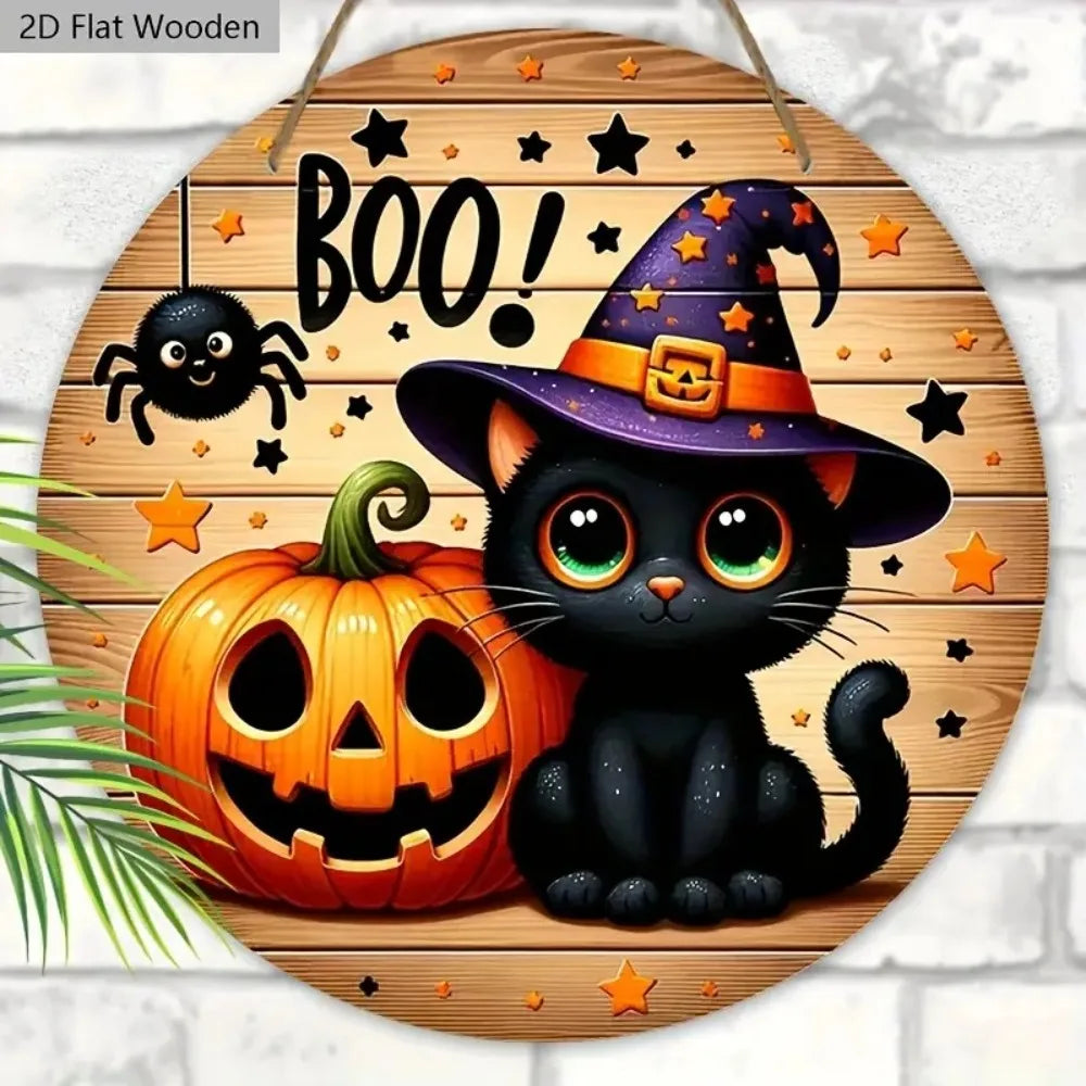 2D Halloween Circular Wooden Sign - Wizard Hat Black Cat and Pumpkin Lantern Pattern, Home, Courtyard, Porch Decoration, Gifts