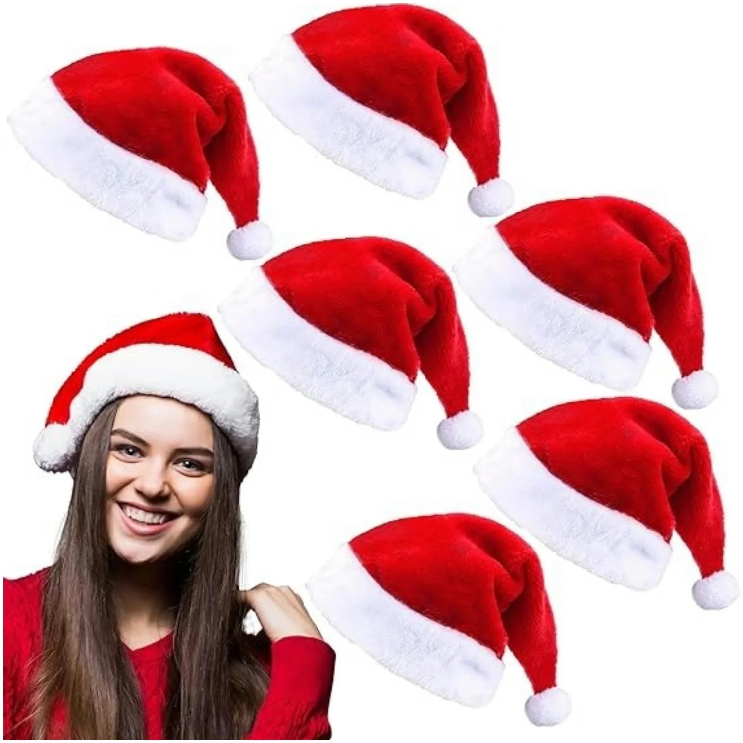 Fluffy Red Santa Hats Set with Plush Brim and Liner for Adults Men Women - Christmas, New Year Party Supplies & Gifts