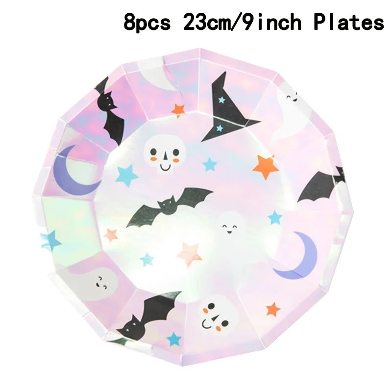 Lovely Pink Laser Disposable Tableware Girls Women Party Decoration Ghost Plates Paper Napkins Cups Halloween Parties Supply