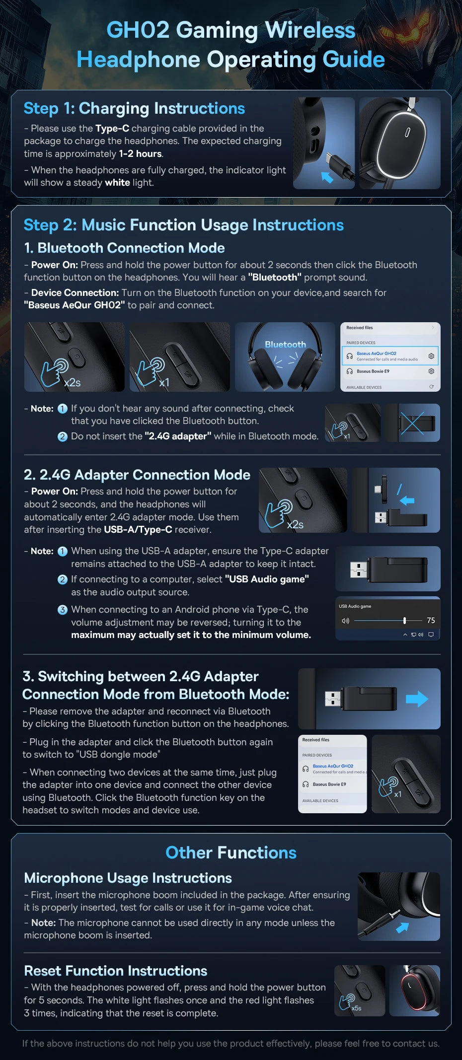 Baseus GH02 Gaming Wireless Headphone with Mic Over-Ear Headphones Bluetooth 5.3 40mm Driver 2.4G/Wireless/Cable RGB Headsets