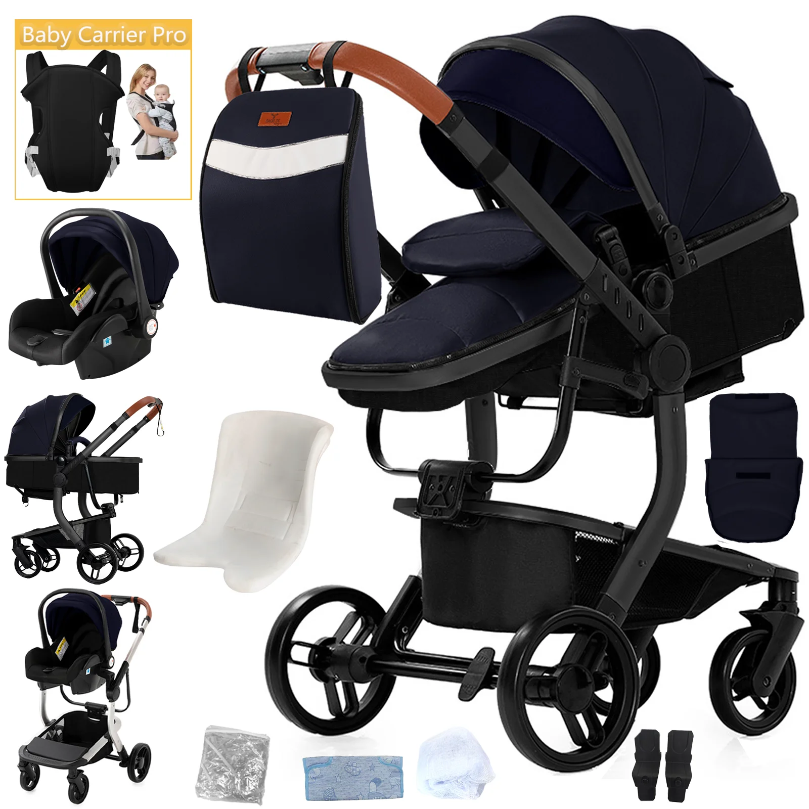 Lightweight Baby Stroller 3 in 1 Stroller PU Leather Stroller for Newborn Baby Car Seat Portable Baby Cart Pram High Landscape