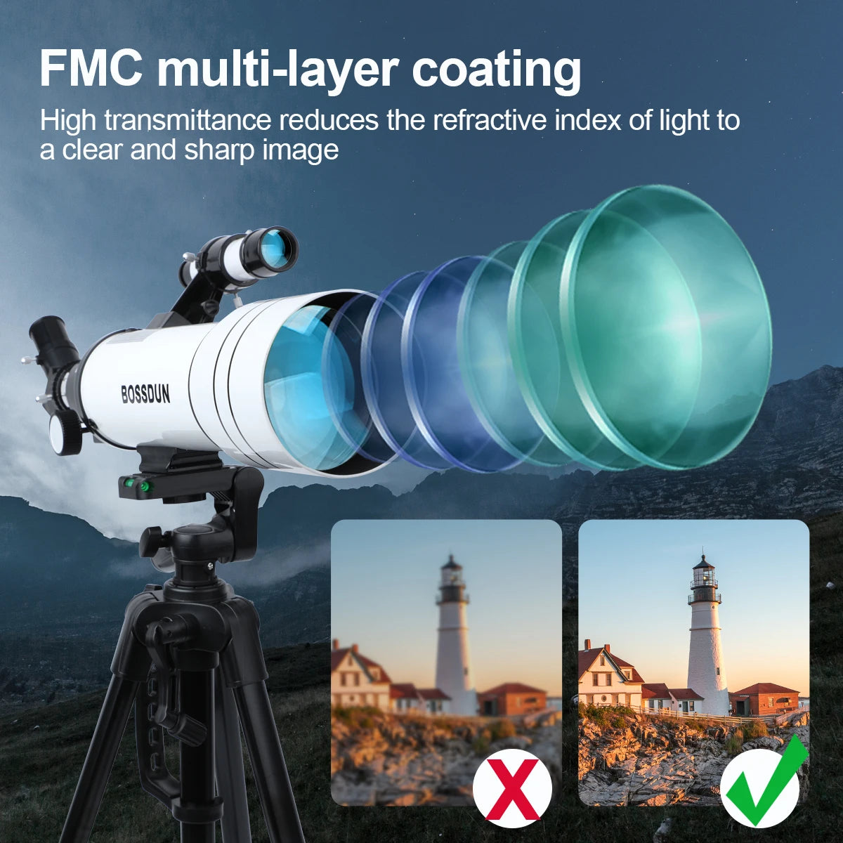 BOSSDUN 40070 Telescope w/Phone Adapter & Sturdy Tripod - 70mm Aperture for Stargazing, Birding, Beginners, Portable Scope