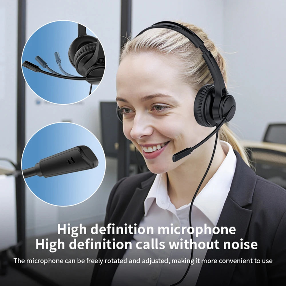 Wired USB Headset Call Center Headphones with Microphone Noise Cancelling Over Gaming Over-Ear Headsets for Computer PC Laptop