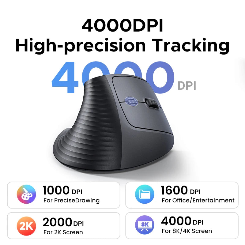 UGREEN Vertical Wireless Mouse 2.4G Ergonomic 4000DPI 6 Mute Buttons for MacBook Tablet Laptops Computer PC Mice Black Pink