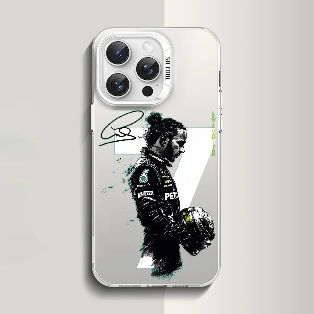 1PC L-Lewis H-Hamilton 44 F1 Phone Case Phone Case IMD color silver shell For iPhone 16 15 14 13 12 11 Pro Max Plus
