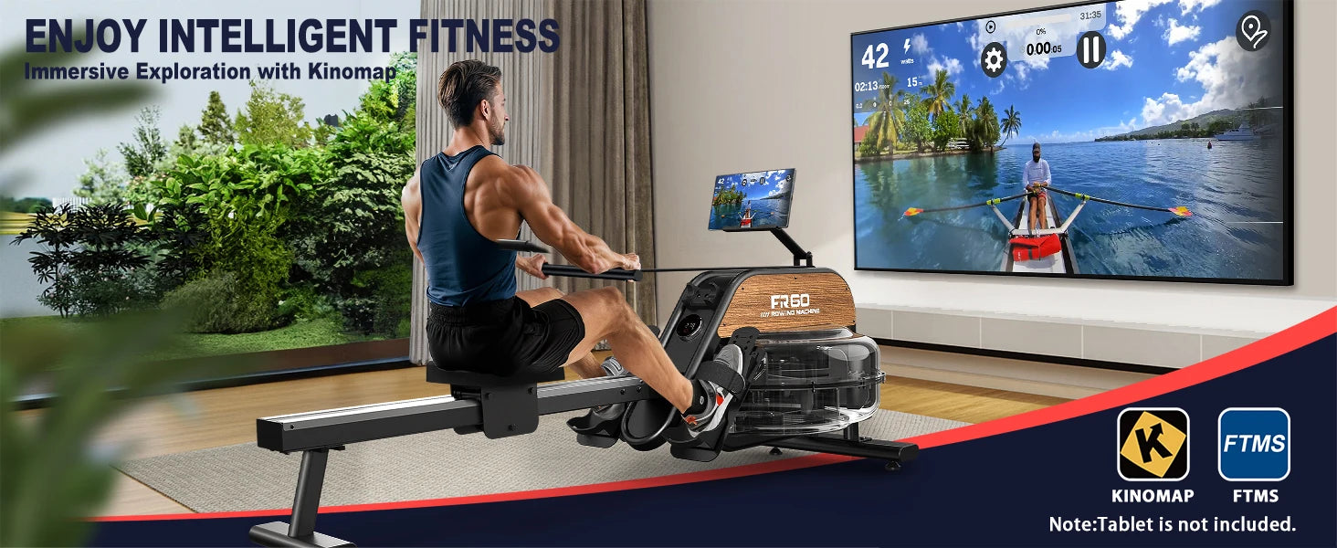 Fysiq Home Rowing Machine, Made of High-Quality Wood, 28L Extra-Large Water Tank, 50% Increased Resistance, Bluetooth Display, Maximum User Height 200cm