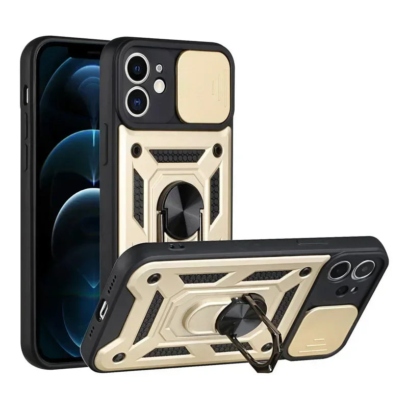 Luxury Slide Camera Lens Protection Armor Case for iPhone 17 16 15 14 Plus 13 12 Pro Max Military Grade Bumpers Metal Ring Cover