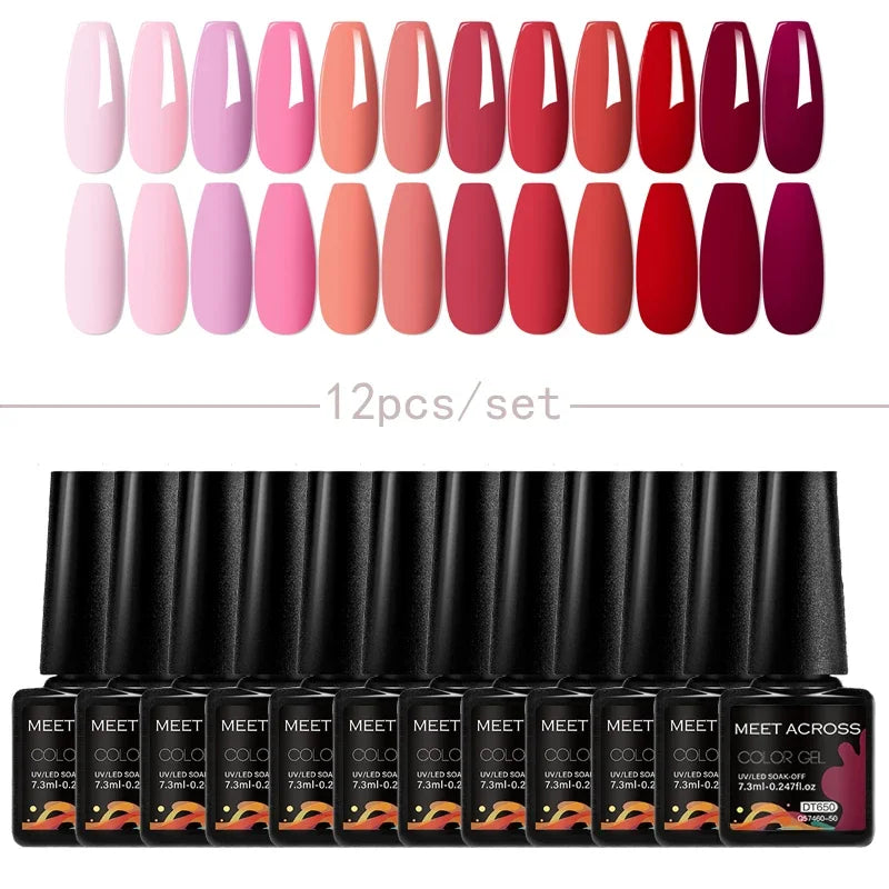MEET ACROSS 12Pcs Gel Nail Polish Set 7.3ml Pink Blue Neon Macaron Color for Nails UV Gel LED Nail Art  Varnish Manicure Kit