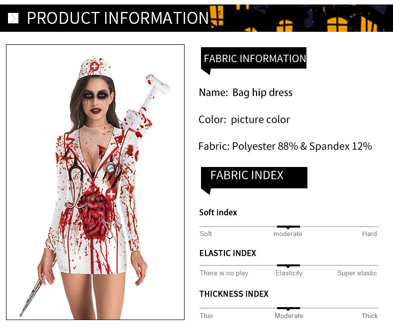 Women's Halloween Costume Dress Cosplay Nurse Costume Uniform Party Sexy Tight Skirt Dress For Female Skeleton Party Carnival