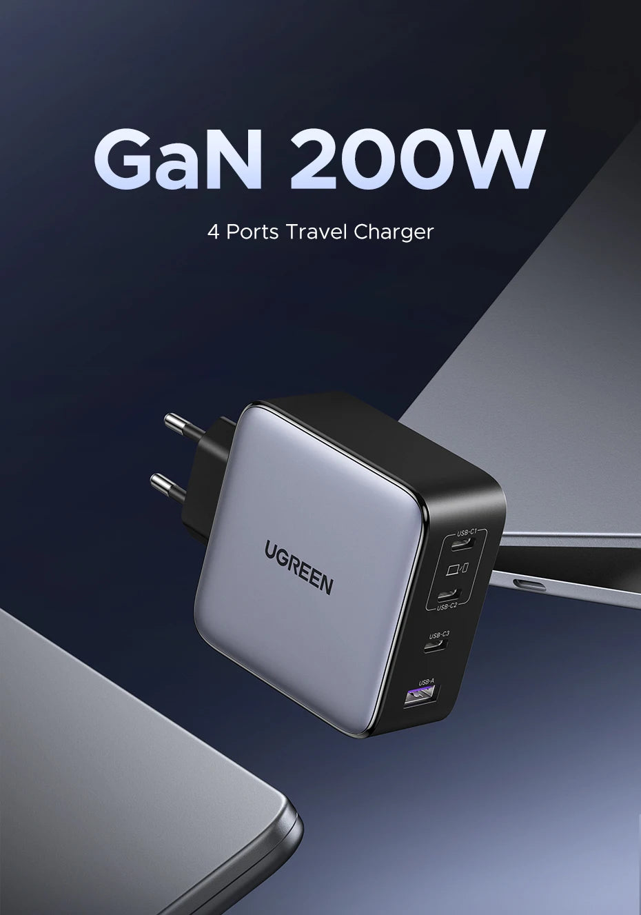 UGREEN 200W Travel GaN Charger PD 3.1 140W QC4.0 3.0 Quick Charge For Macbook Pro Laptops iPhone 17 16 Samsung S25 Xiaomi Tablet