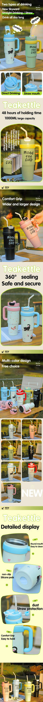 1000ML Thermal Water Bottle 32oz Large Capacity With Straw Stainless Steel Thermos Bottle Cold and Hot Thermos Cup