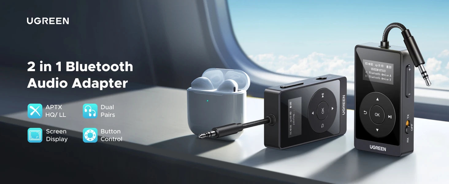 UGREEN aptX HD Airplane Bluetooth 5.3 Receiver Transmitter for All Headphones Wireless Audio Aux Bluetooth Adapter for TV Flying