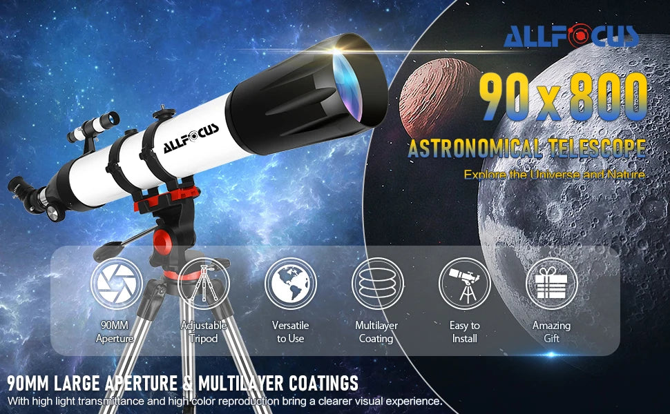 ALLFOC 80090 Astronomical Telescope, High Power Large Aperture HD Professional for Deep Space Observation Star Gazing, Tripod‌‌