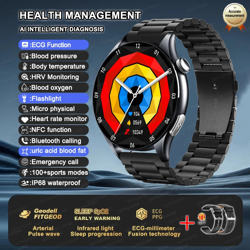 2025 New Health Analysis ECG+PPG Smart Watch Body Fat Uric Acid Blood Pressure Heart Rate Tracker NFC Smartwatch For Android IOS