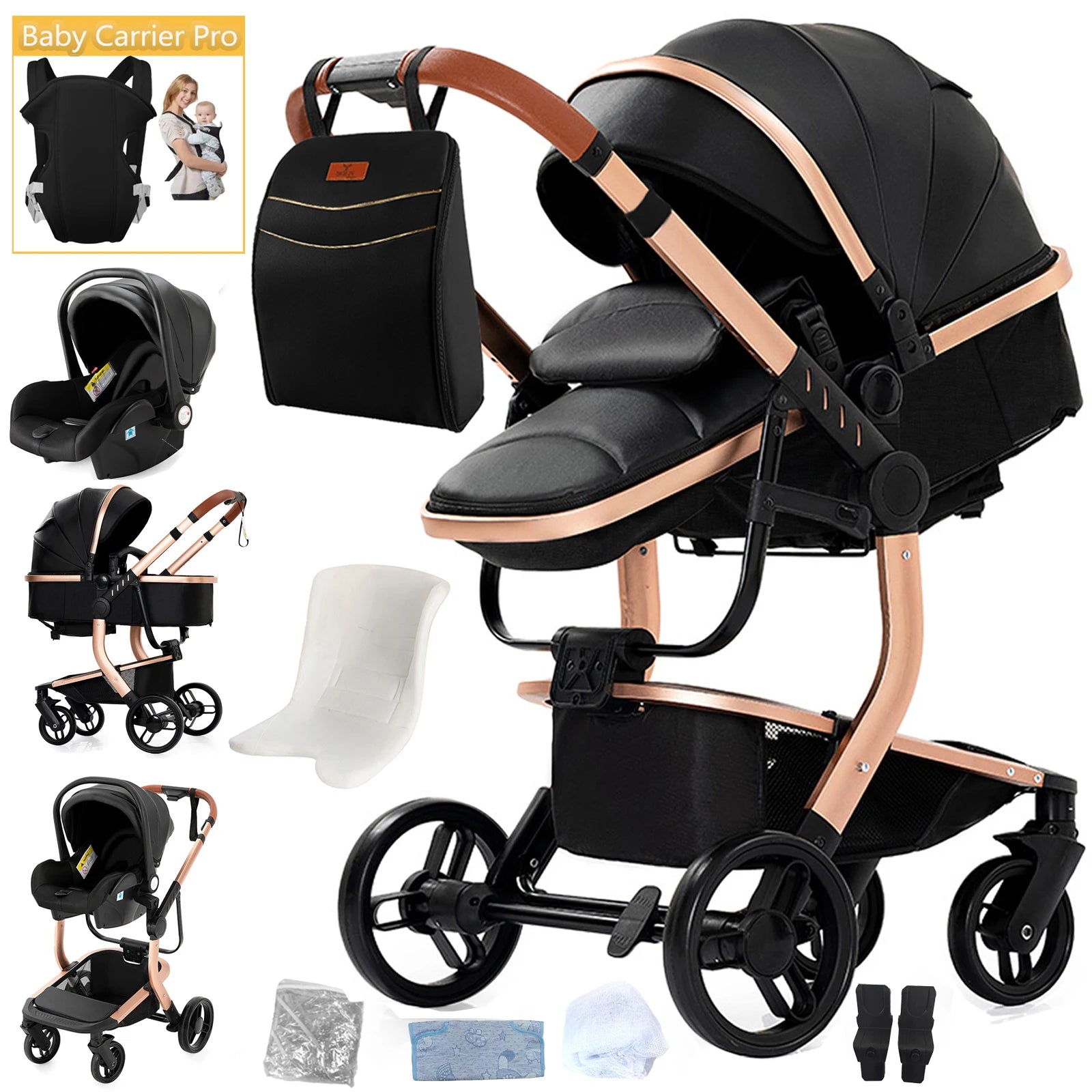 Lightweight Baby Stroller 3 in 1 Stroller PU Leather Stroller for Newborn Baby Car Seat Portable Baby Cart Pram High Landscape
