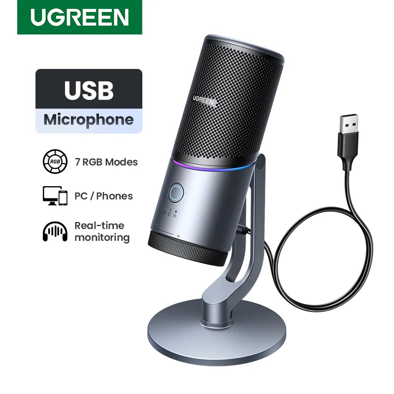 UGREEN USB Microphone with RGB Modes Professional Condenser Mic for PC Mac Gaming Karaoke Recording Streaming Podcasting
