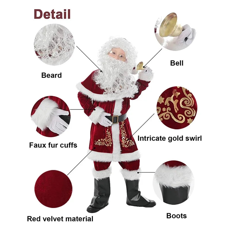 Red Deluxe Velvet Fancy 8pcs Set Xmas Party Man  Santa Claus Suit Adult Cosplay Costume